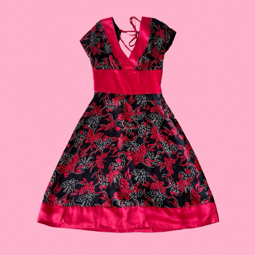 bebe Black and Hot Pink Floral Satin Fit-and-Flare Dress